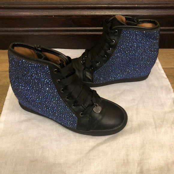 STUART WEITZMAN Girls Black High Top Sneakers Crystal Embellished Vance Wedge 3 - Picture 2 of 13